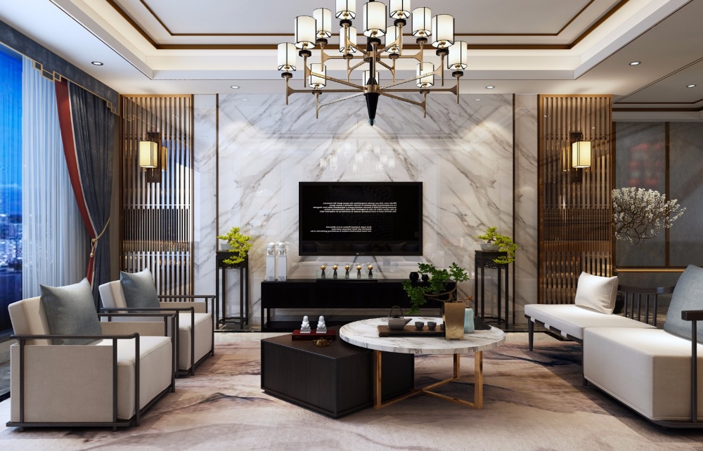 客廳窗簾裝修效果圖藍毓、新中式別墅中式現(xiàn)代客廳設計圖片賞析