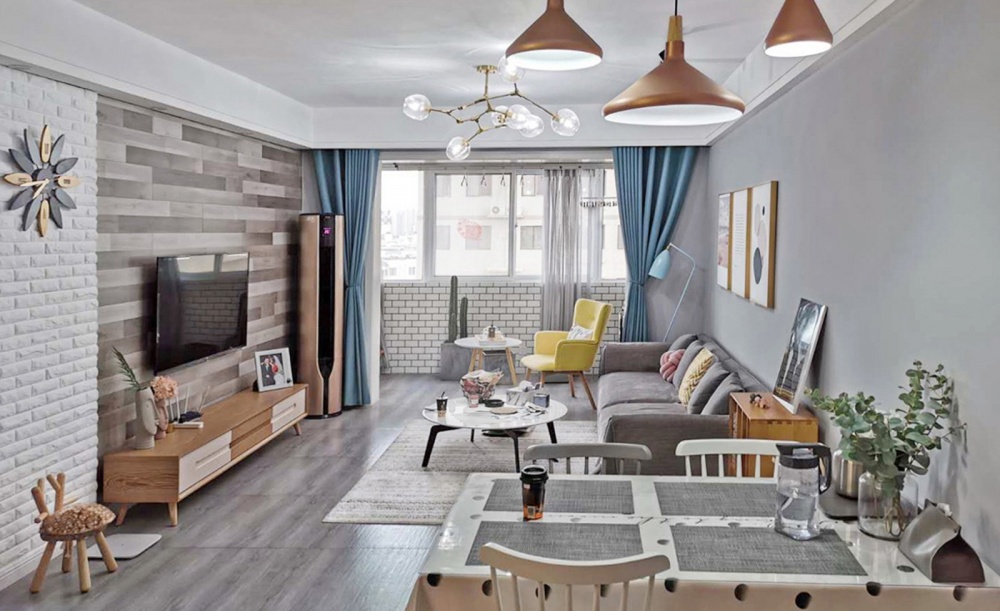 客廳窗簾裝修效果圖83㎡北歐風(fēng)，新婚小兩口的浪漫北歐極簡(jiǎn)客廳設(shè)計(jì)圖片賞析