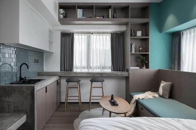 酒店公寓裝修效果圖(35㎡酒店式開間單身公寓，半平米都沒浪費(fèi)，還裝得很有檔次)(圖8)